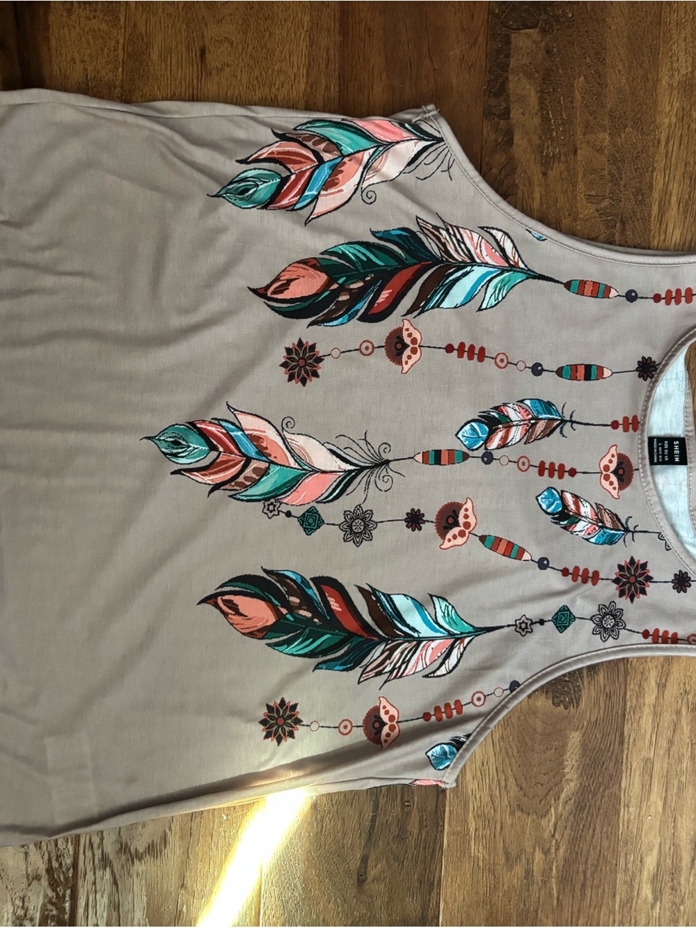 SHEIN Beige Tank Top with Teal, Coral & Black Feather Print